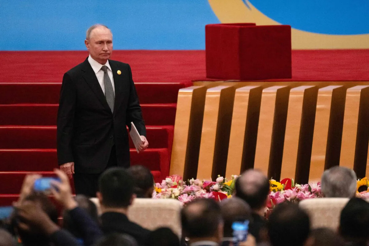 Russia's President Vladimir Putin leaves the podium following his speech during the opening ceremony of the third Belt and Road Forum for International Cooperation at the Great Hall of the People in Beijing on October 18, 2023. (Pedro Pardo/AFP via Getty Images)