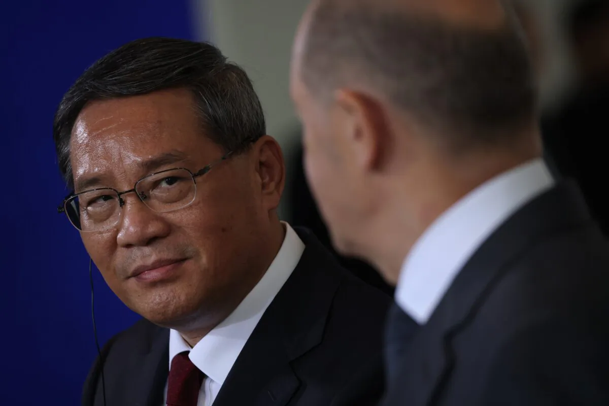 Chinese Premier Li Qiang (L) and German Chancellor Olaf Scholz speak to the media at the Chancellery on June 20, 2023 in Berlin, Germany. (Sean Gallup/Getty Images)
