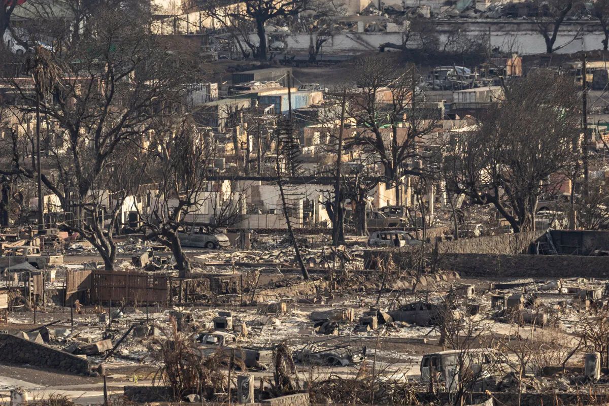 Charred remains of a burned neighborhood are seen in the aftermath of the Aug. 8, 2023, wildfire in Lahaina, western Maui, Hawaii. (Yuki Iwamura/AFP via Getty Images)