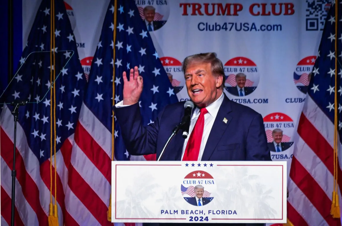 Former U.S. President and 2024 Republican presidential hopeful Donald Trump holds a campaign event at Club 47 USA in West Palm Beach, Florida, on Oct. 11, 2023. (Giorgio Viera/AFP via Getty Images)