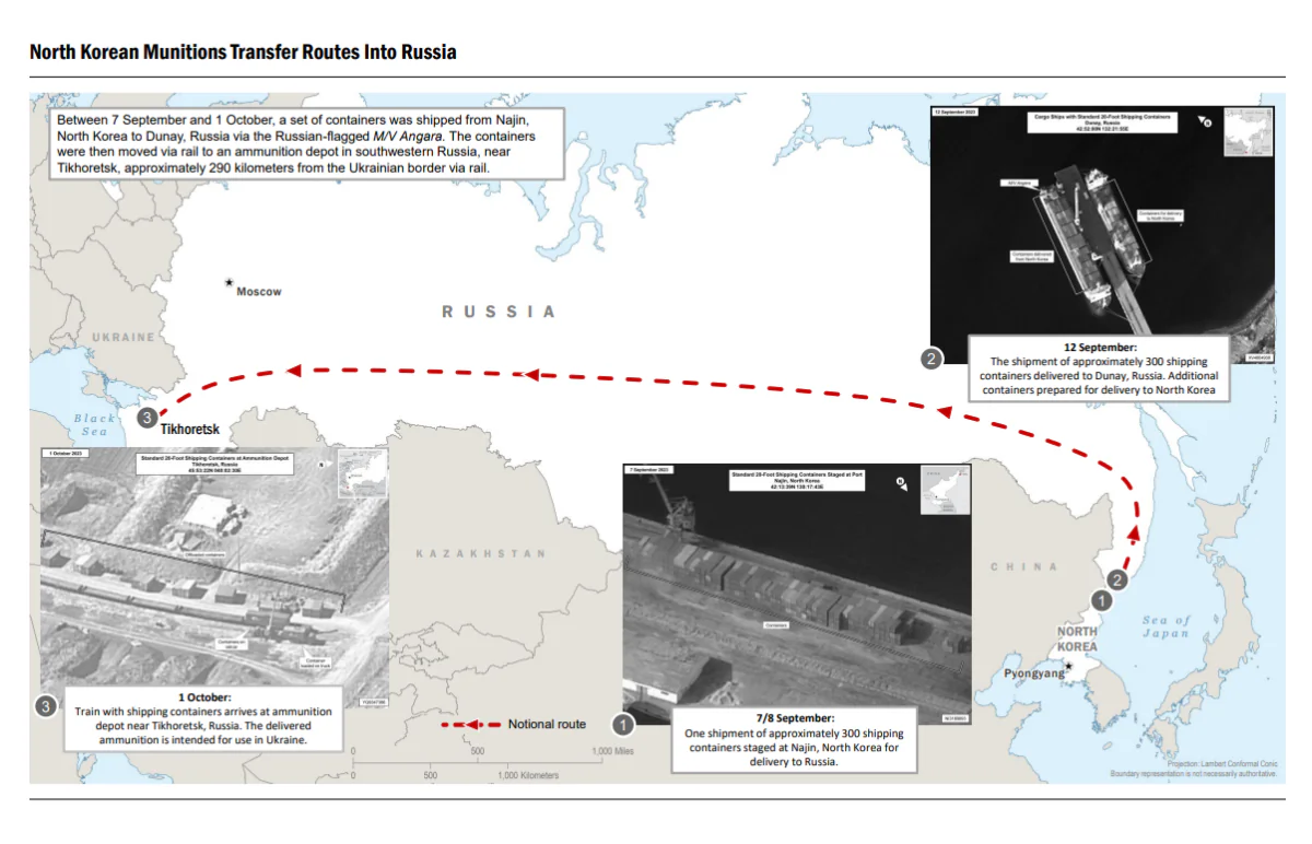 A U.S. government map of the route used by North Korea to deliver arms to Russia. (U.S. government)