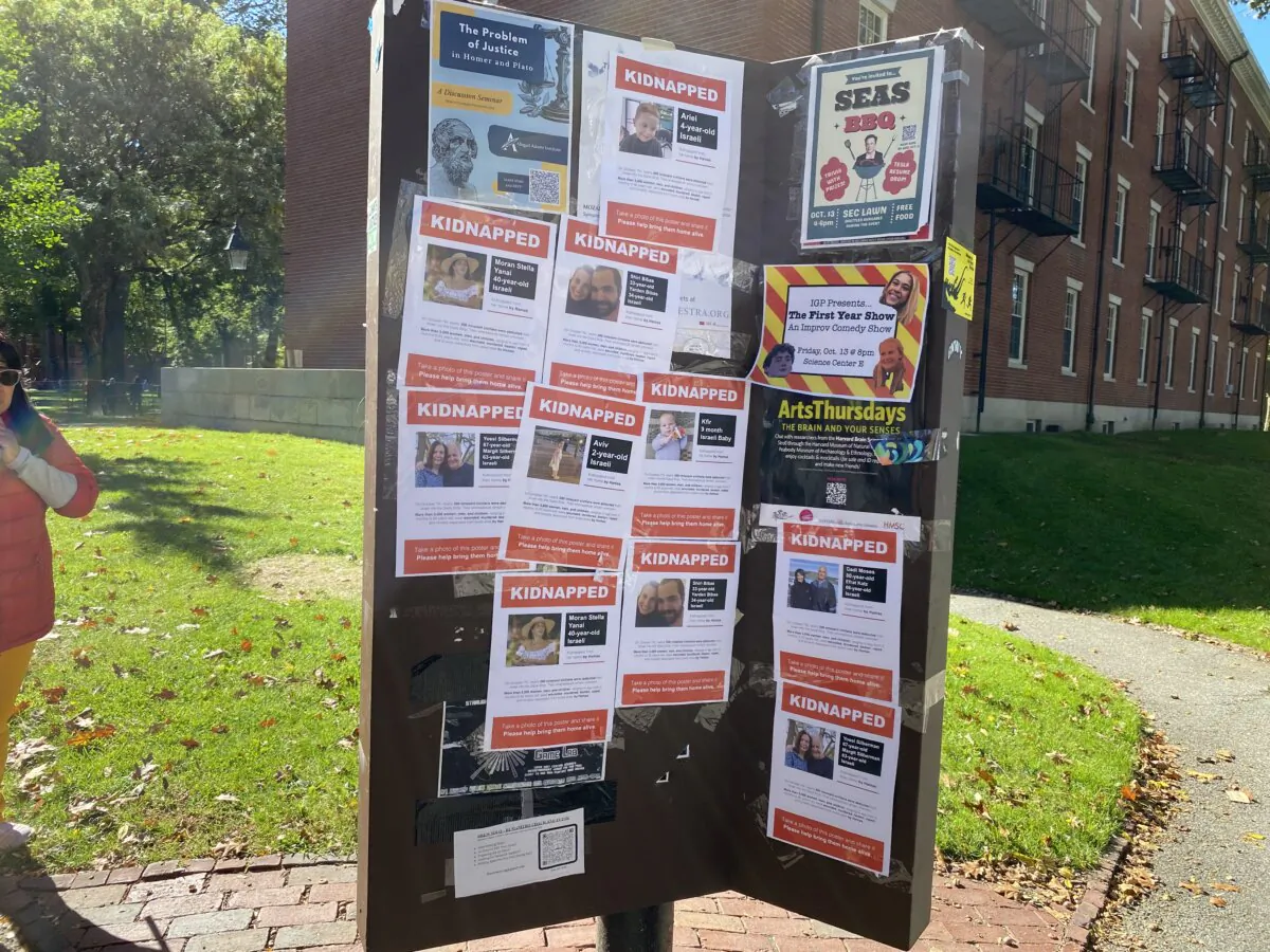 Posters of those suspected of being abducted by Palestinian terrorists in Israel are hung throughout Harvard University campus (Photo by Alice Giordano)