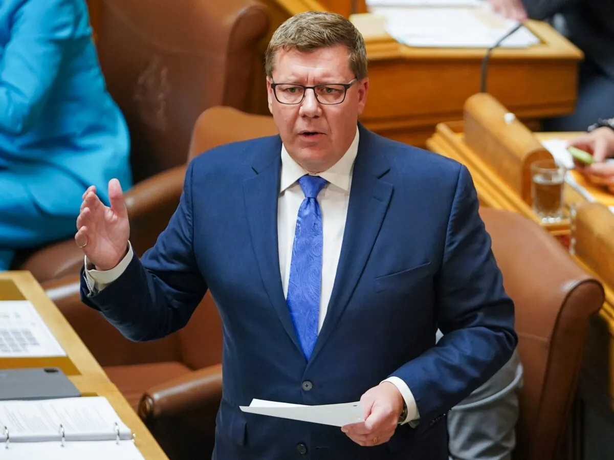 Saskatchewan Premier Scott Moe speaks during a debate in the Saskatchewan legislature in Regina on Oct. 10, 2023. (The Canadian Press/Heywood Yu)