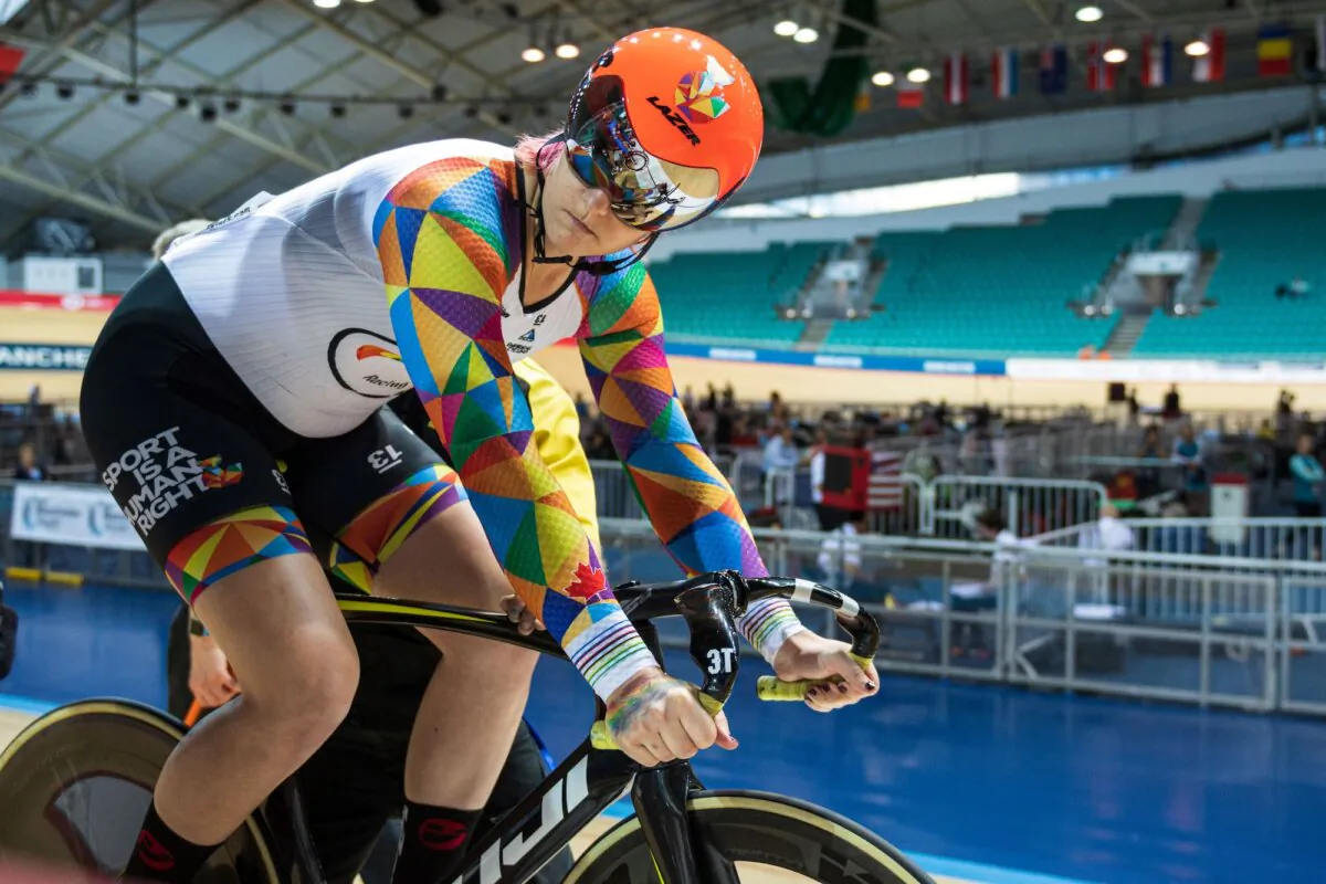 Canadian transgender cyclist Rachel McKinnon prepares to compete during the 2019 UCI Track Cycling World Masters Championship, in Manchester, UK, on Oct. 19, 2019. (OLI SCARFF/AFP via Getty Images)