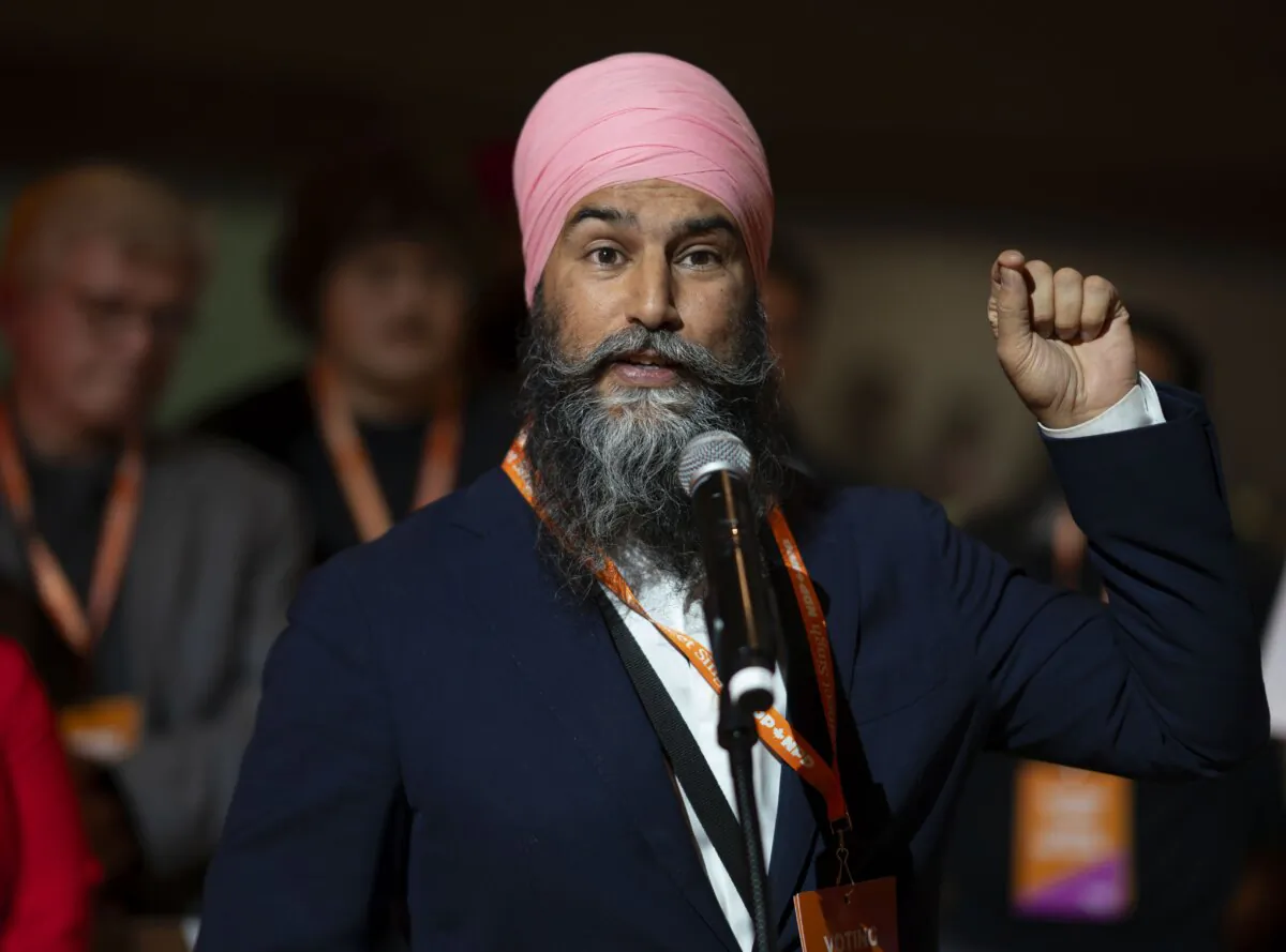 NDP Leader Jagmeet Singh speaks before the delegates at the NDP Convention in Hamilton, Ont., on Oct. 13, 2023. (The Canadian Press/Peter Power)
