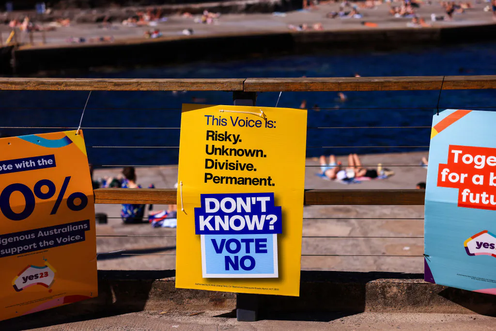 A 'no' sign is seen at Clovelly Surf Life Saving Club polling centre in Sydney, Australia on Oct. 14, 2023. (Jenny Evans/Getty Images)