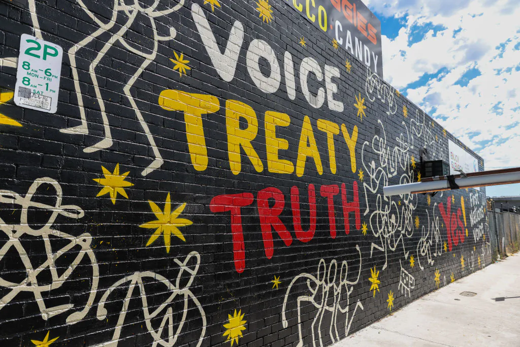 A 'Yes' street mural painted by muralist Tom Civil in Melbourne, Australia, on Oct. 2, 2023. (Asanka Ratnayake/Getty Images)