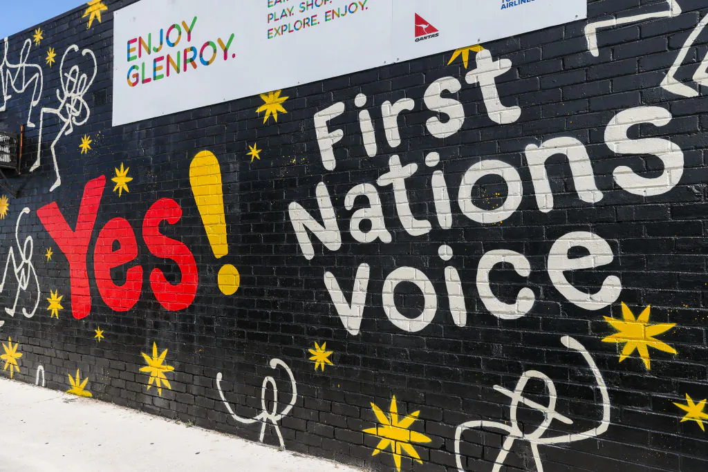 A 'Yes' street mural painted by muralist Tom Civil in Melbourne, Australia, on Oct. 2, 2023. (Asanka Ratnayake/Getty Images)