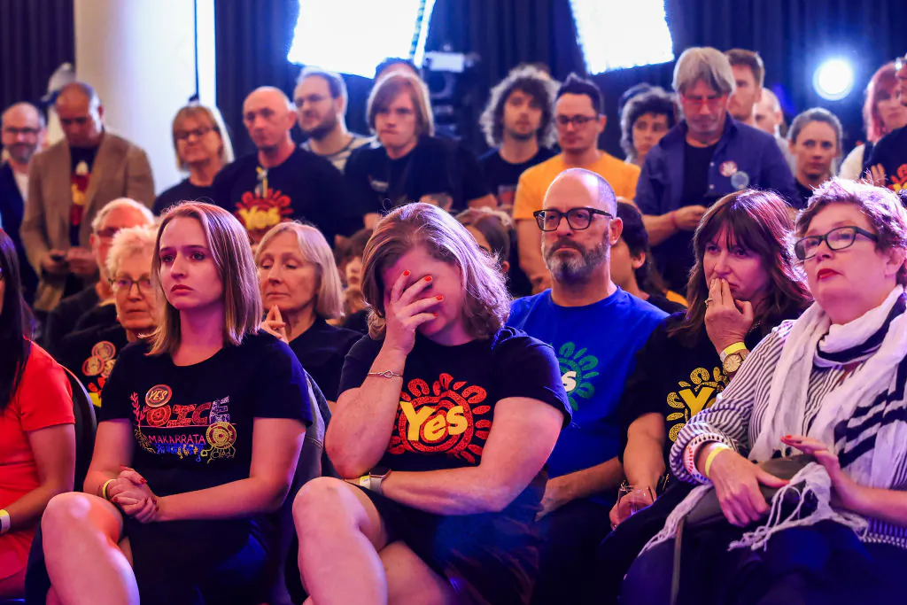A woman reacts during a speech by Campaign Director of Yes 23 Dean Parkin at the Inner West for 'Yes2023' official referendum function at Wests Ashfield Leagues Club in Sydney, Australia, on Oct. 14, 2023. (Jenny Evans/Getty Images)