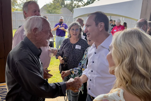 Louisiana Attorney General and Republican gubernatorial candidate Jeff Landry speaks with voters in Lake Charles, La., two days before he swept into the governor's mansion in Baton Rouge in an overwhelming primary win on Oct. 14, 2023. (Landry For Louisiana)