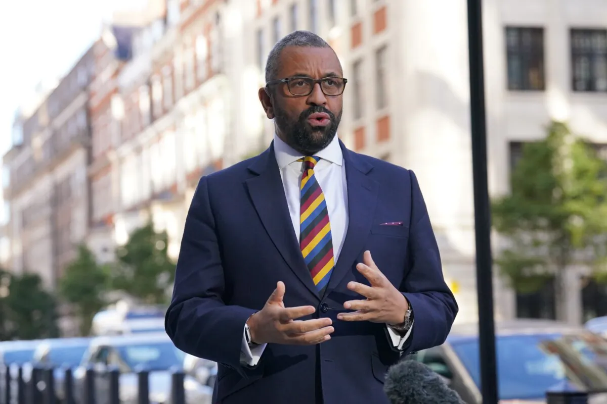 Foreign Secretary James Cleverly speaks to the media outside BBC Broadcasting House in London on Oct. 15, 2023. (Jonathan Brady/PA)
