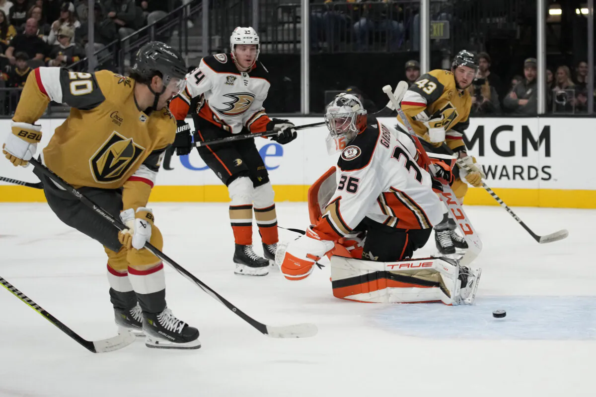 Vegas Golden Knights center Chandler Stephenson (20) scores past Anaheim Ducks goaltender John Gibson (36) during the second period of an NHL hockey game in Las Vegas on Oct. 14, 2023. (John Locher/AP Photo)