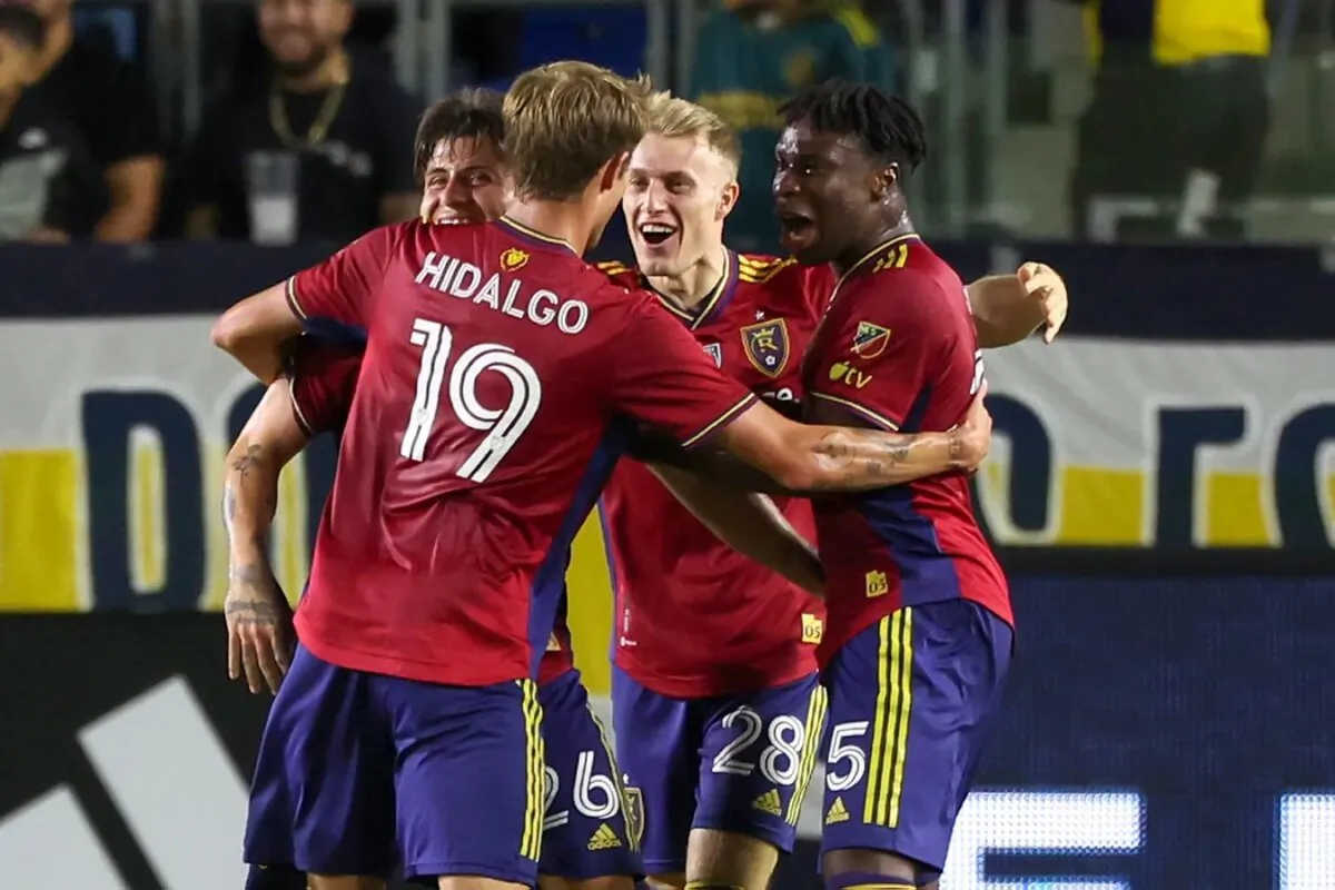 Real Salt Lake midfielder Diego Luna, left, celebrates his second half goal with teammates against the Los Angeles Galaxy at Dignity Health Sports Park, ; Carson, Calif., on Oct 14, 2023. (Kiyoshi Mio/USA TODAY Sports/Via Field Level Media)