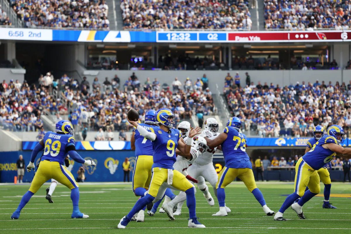 Matthew Stafford (9) of the Los Angeles Rams throws a pass during the second quarter against the Arizona Cardinals at SoFi Stadium in Inglewood, Calif., on Oct. 15, 2023. (Harry How/Getty Images)