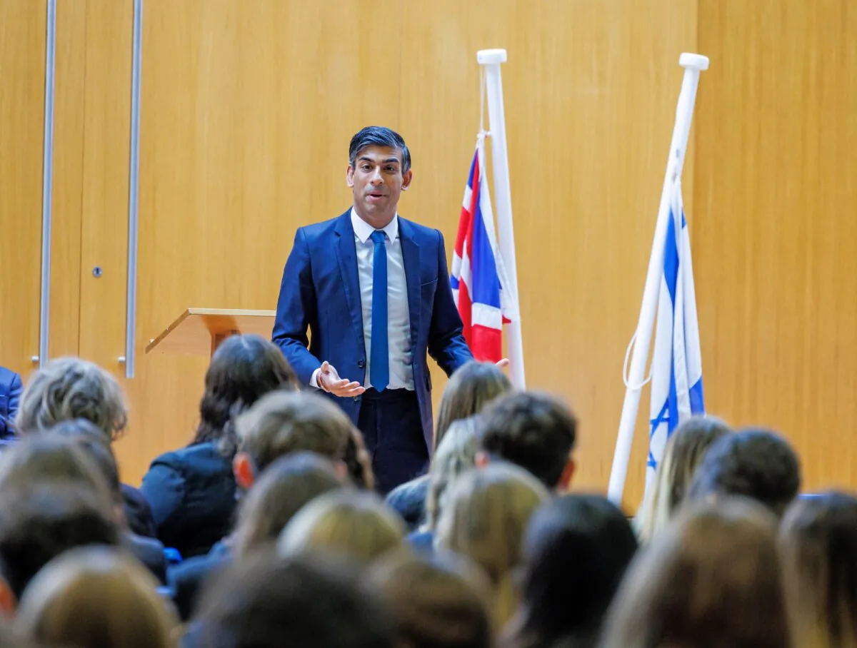 Prime Minister Rishi Sunak speaks to students at a Jewish secondary school in north London on Oct. 16, 2023. (PA)