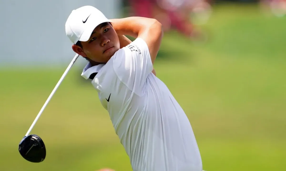 Tom Kim plays his shot from the fourth tee during the third round of the TOUR Championship golf tournament at East Lake Golf Club in Atlanta on Aug. 26, 2023. (John David Mercer/USA TODAY Sports via Field Level Media)