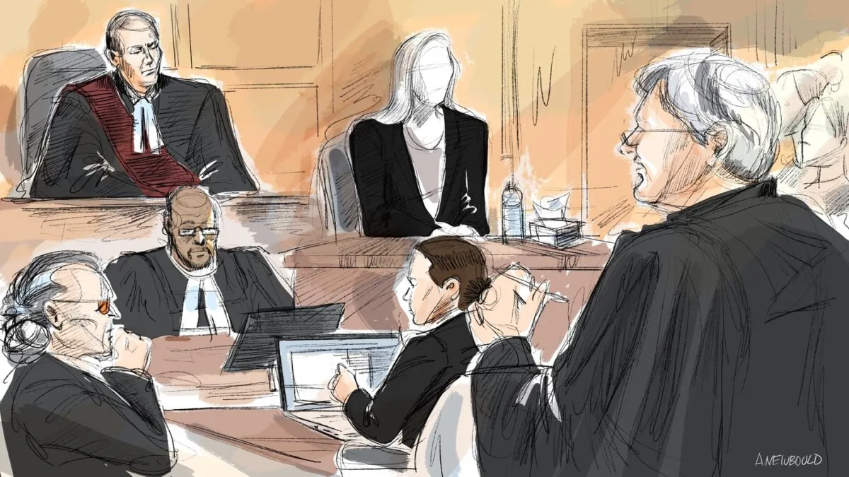 Peter Nygard, clockwise starting bottom left, Justice Robert Goldstein, complainant on the stand, defence lawyer Brian Greenspan, Toronto Police Service Det.-Sgt. Erin Hanlon and a court clerk are seen in a courtroom sketch in Toronto, on Oct. 11, 2023. (The Canadian Press/Alexandra Newbould)
