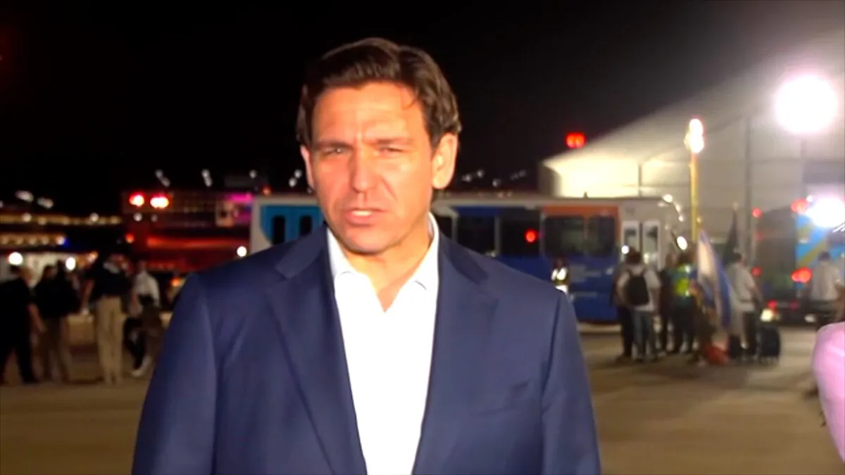 Florida Gov. Ron DeSantis speaks at Tampa International Airport on Oct. 15, 2023. (CNN/Screenshot via NTD)