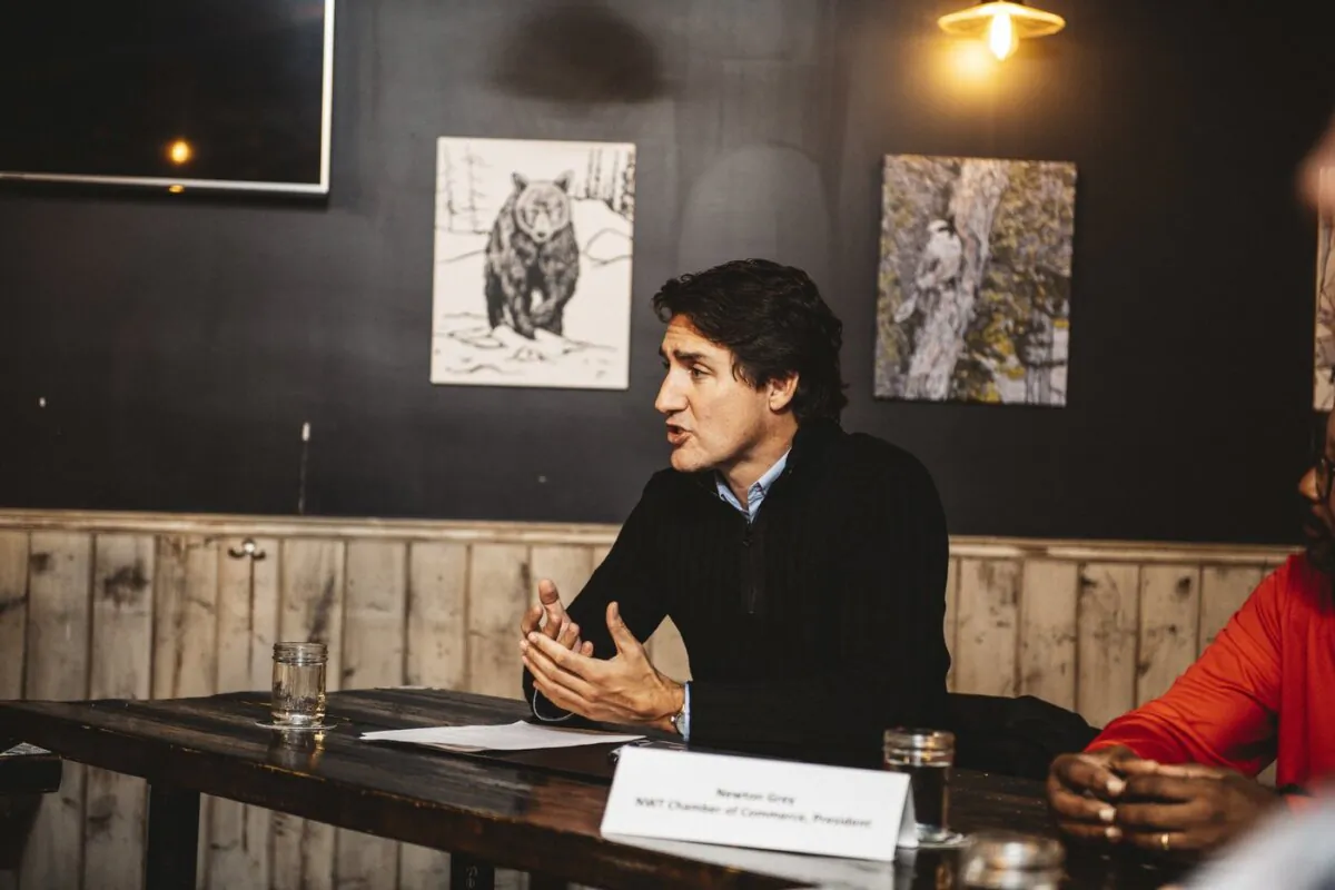 Prime Minister Justin Trudeau participates in a roundtable at the Yellowknife Chamber of Commerce in Yellowknife, on Oct. 12, 2023. (The Canadian Press/Angela Gzowski)