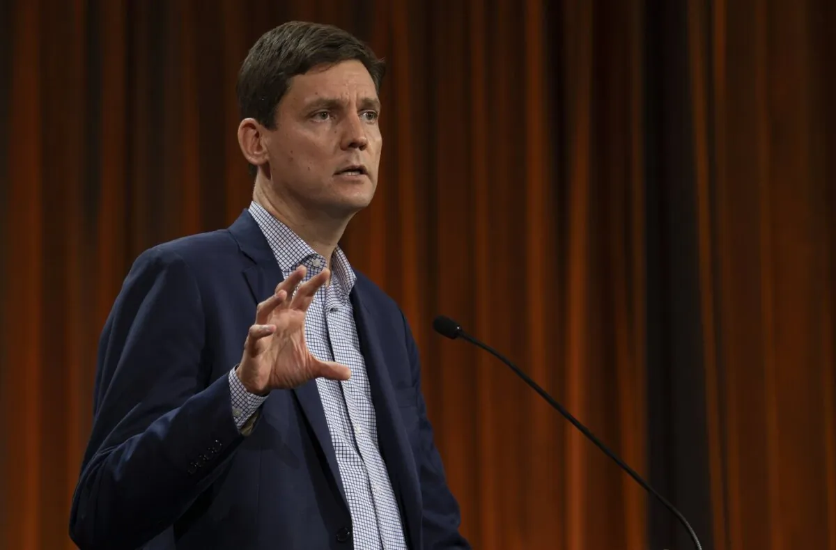 British Columbia Premier David Eby speaks at the NDP Convention in Hamilton, Ont. on Oct. 13, 2023. (The Canadian Press/Peter Power)