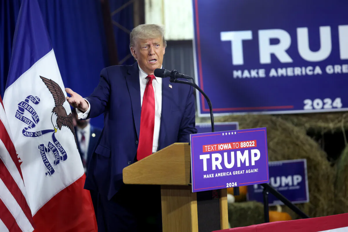 Republican presidential candidate former President Donald Trump speaks to guests during a campaign event at the Dallas County Fairgrounds on Oct. 16, 2023 in Adel, Iowa. (Scott Olson/Getty Images)