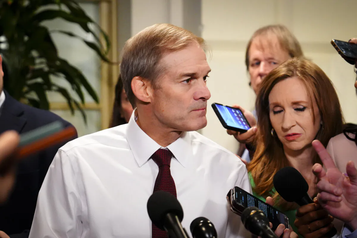 Rep. Jim Jordan (R-Ohio) speaks with reporters after a GOP meeting in Washington on Oct. 16, 2023. (Madalina Vasiliu/The Epoch Times)