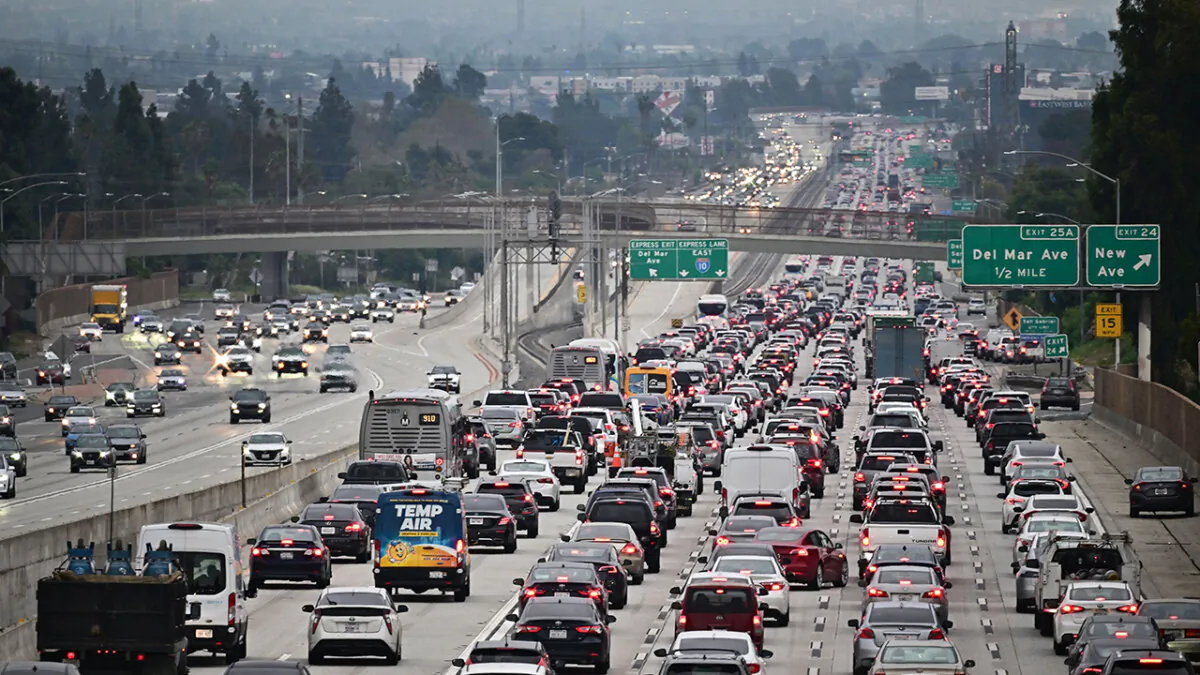 Traffic on a Los Angeles freeway during the evening rush hour commute on April 12, 2023 in Alhambra, Calif. (Frederic J. Brown/AFP via Getty Images)
