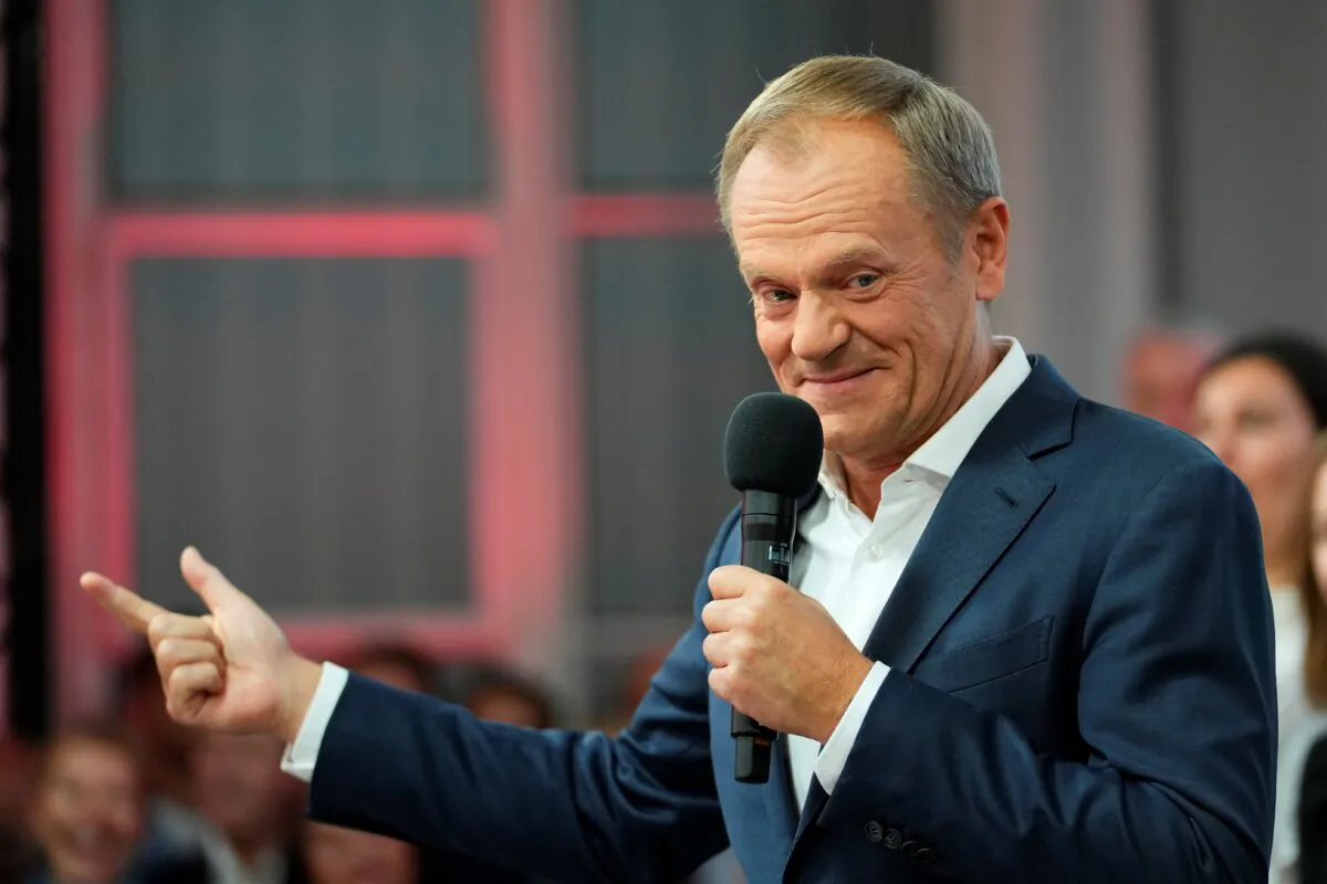Donald Tusk, a former Polish prime minister addresses supporters at his party headquarters in Warsaw, Poland, on Oct. 15, 2023. (Petr David Josek/AP Photo)