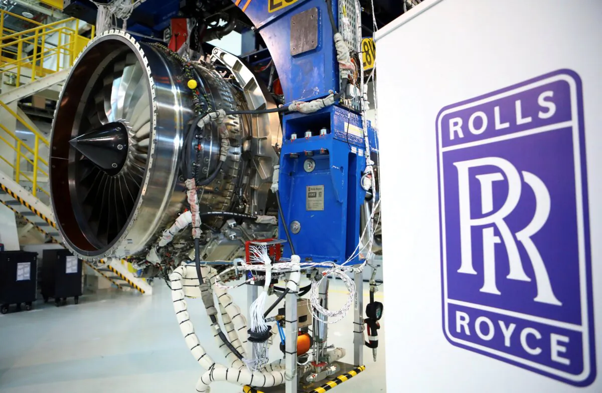 A BR700-725 jet engine at the assembly line of the Rolls-Royce Germany plant, in Dahlewitz near Berlin, Germany, on Feb. 28, 2023. (Nadja Wohlleben/Reuters)