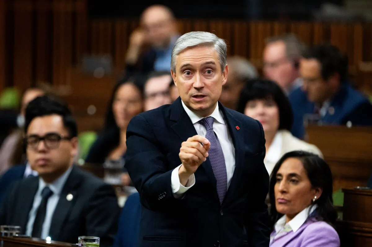 Minister of Innovation, Science and Industry François-Philippe Champagne rises during question period on Parliament Hill in Ottawa on Oct. 5, 2023. (The Canadian Press/Spencer Colby)