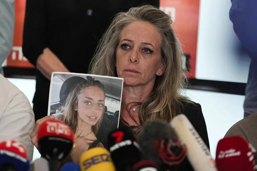 Keren Schem, mother of Mia Schem—who was kidnapped in Israel by Hamas terrorists on Oct. 7—at a press conference in Tel Aviv, Israel, on Oct. 17, 2023. (Ohad Zwigenberg/AP Photo)