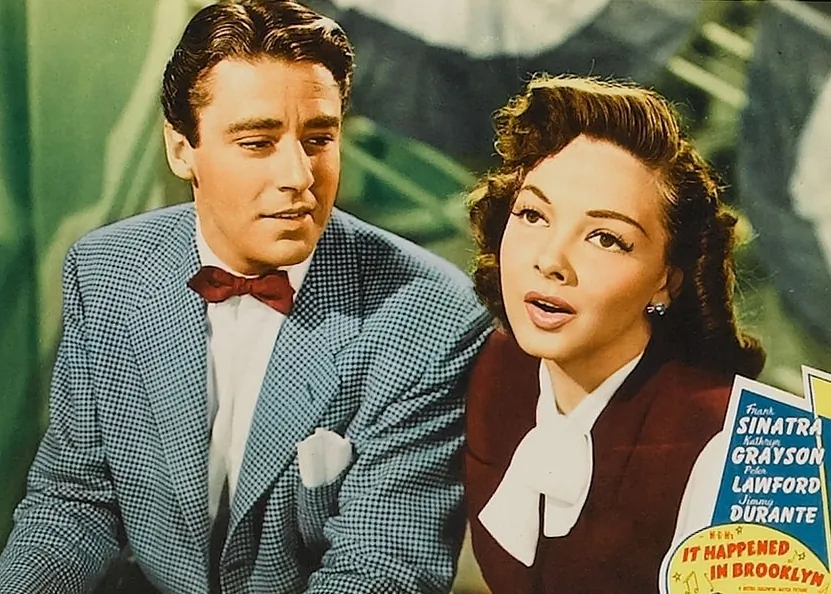 Cropped lobby card from the 1947 film “It Happened in Brooklyn” starring Peter Lawford and Kathryn Grayson. (MovieStillsDB)
