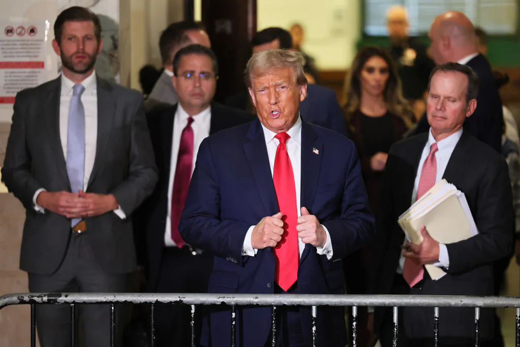 Former President Donald Trump speaks as the court takes a lunch break during his civil fraud trial at New York State Supreme Court in New York City on Oct. 17, 2023. (Michael M. Santiago/Getty Images)