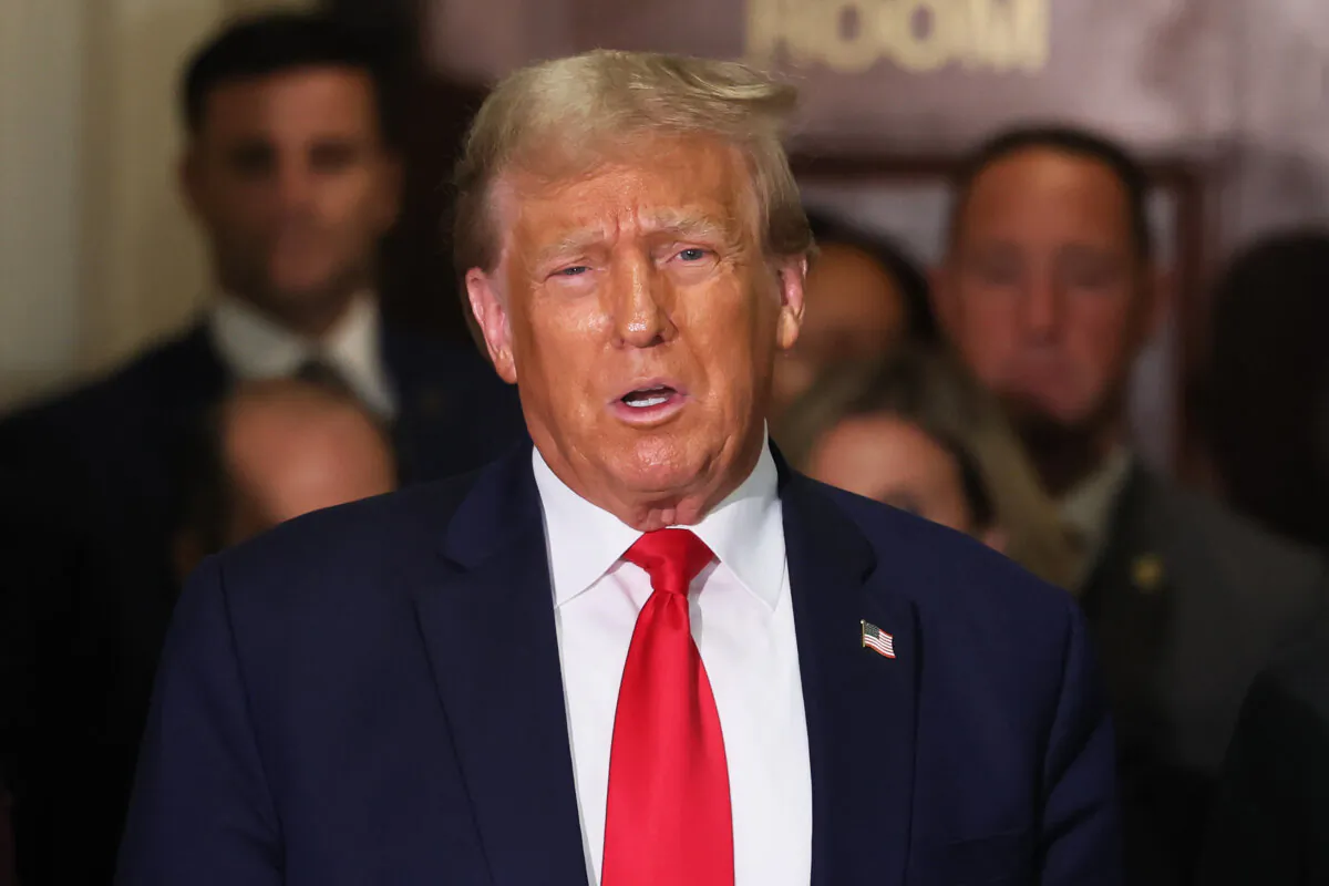 Former President Donald Trump speaks during a break in his civil fraud trial at New York State Supreme Court in New York on Oct. 17, 2023. (Michael M. Santiago/Getty Images)