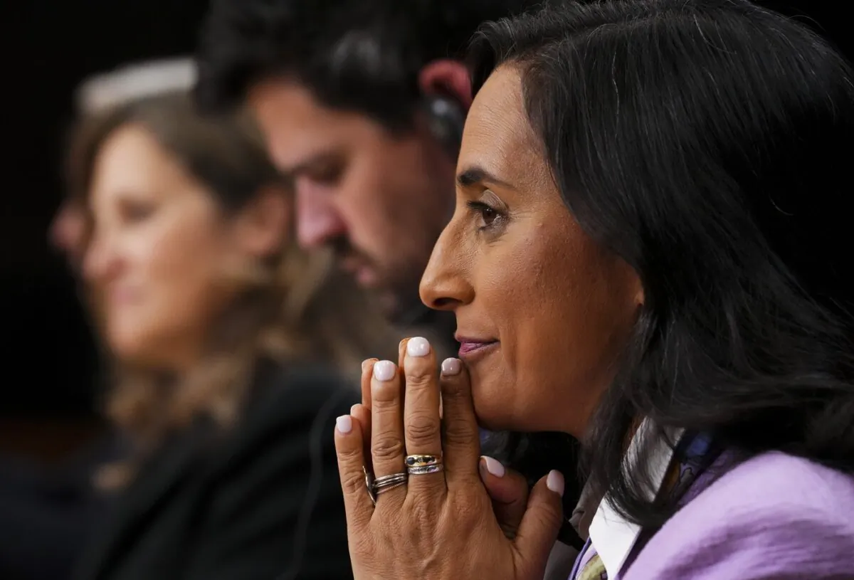 Treasury Board President Anita Anand looks on during a press conference in the National Press Theatre in Ottawa on Oct. 5, 2023. (The Canadian Press/Sean Kilpatrick)
