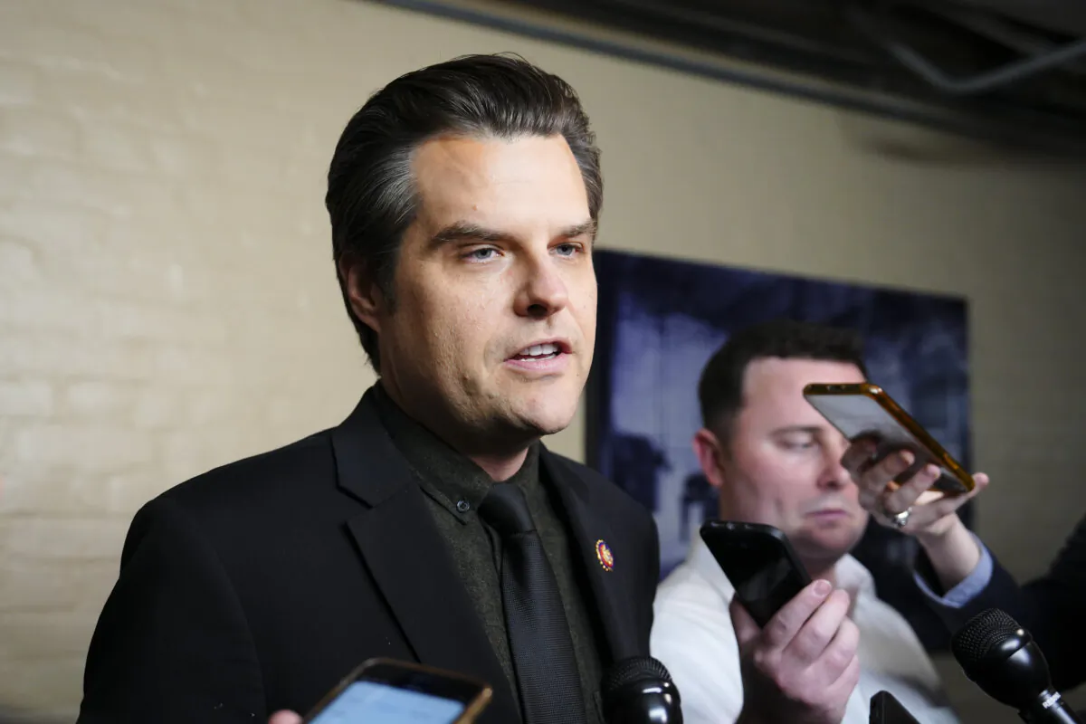 Rep. Matt Gaetz (R-Fla.) speaks with reporters in Washington on Oct. 16, 2023. (Madalina Vasiliu/The Epoch Times)