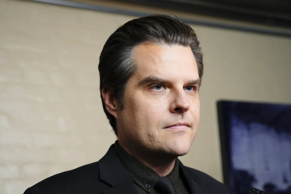 Rep. Matt Gaetz (R-Fla.) speaks with reporters in Washington on Oct. 16, 2023. (Madalina Vasiliu/The Epoch Times)