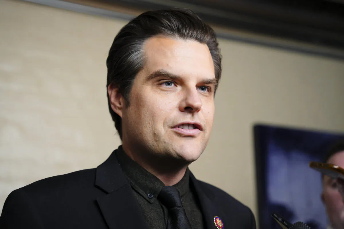 Rep. Matt Gaetz (R-Fla.) speaks with reporters in Washington on Oct. 16, 2023. (Madalina Vasiliu/The Epoch Times)