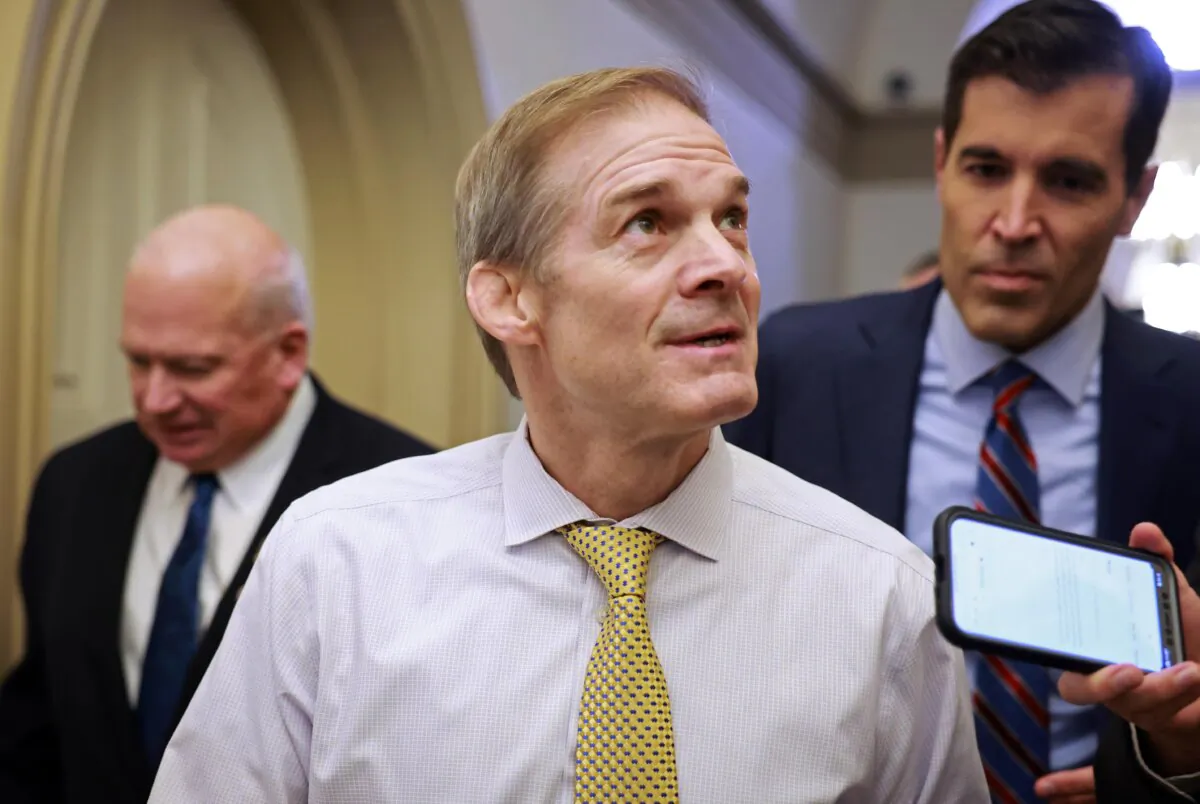 Rep. Jim Jordan (R-Ohio) walks to a meeting with House Republicans after the House failed to elect a new speaker on the first round of votes at the U.S. Capitol Building in Washington on Oct. 17, 2023. (Joe Raedle/Getty Images)