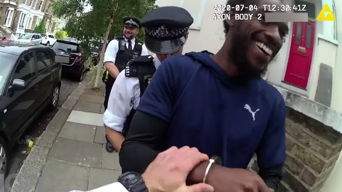 A screengrab from body-worn camera footage of the detention of sprinter Ricardo Dos Santos in Maida Vale, west London, on April 7, 2020. (Independent Office for Police Conduct)