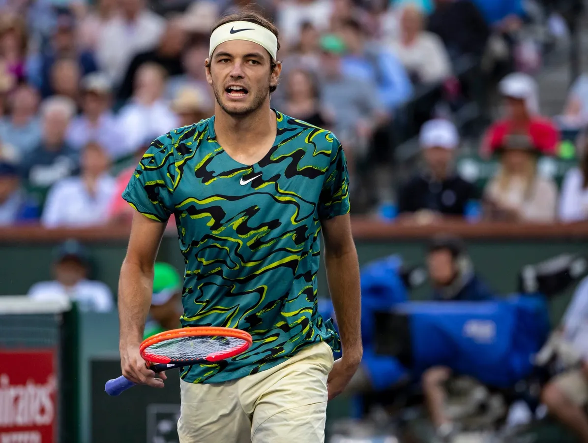Taylor Fritz of the United States celebrates a point against Jannik Sinner of Italy during their quarterfinal match at the BNP Paribas Open at the Indian Wells Tennis Garden in Indian Wells, Calif., on March 16, 2023. (Andy Abeyta/The Desert Sun / USA TODAY NETWORK via Field Level Media)