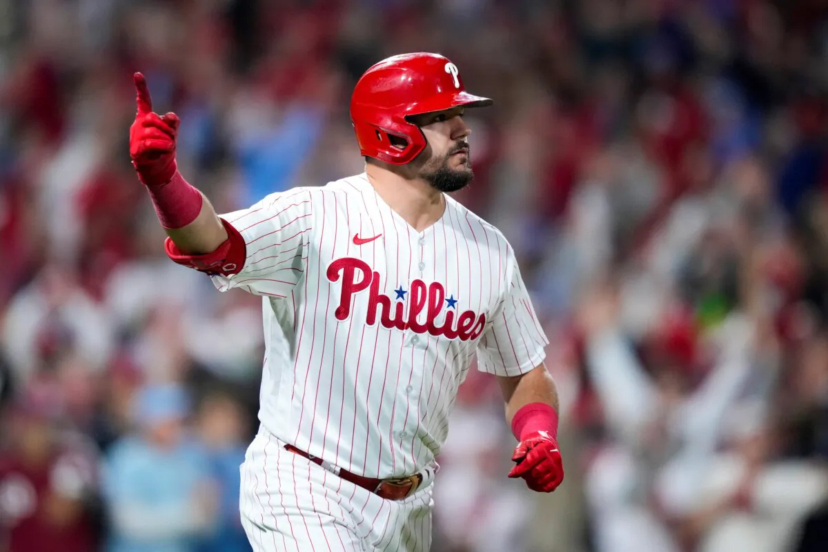 Philadelphia Phillies' Kyle Schwarber celebrates after a home run against the Arizona Diamondbacks during the sixth inning in Game 2 of the baseball NL Championship Series in Philadelphia on Oct. 17, 2023. (Matt Slocum/AP Photo)