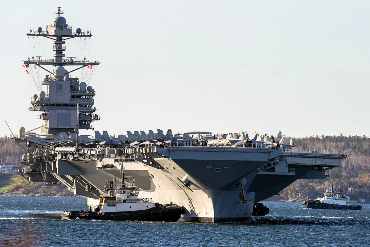 The USS Gerald R. Ford, arrives in Halifax on Oct. 28, 2022. (Andrew Vaughan/The Canadian Press via AP)