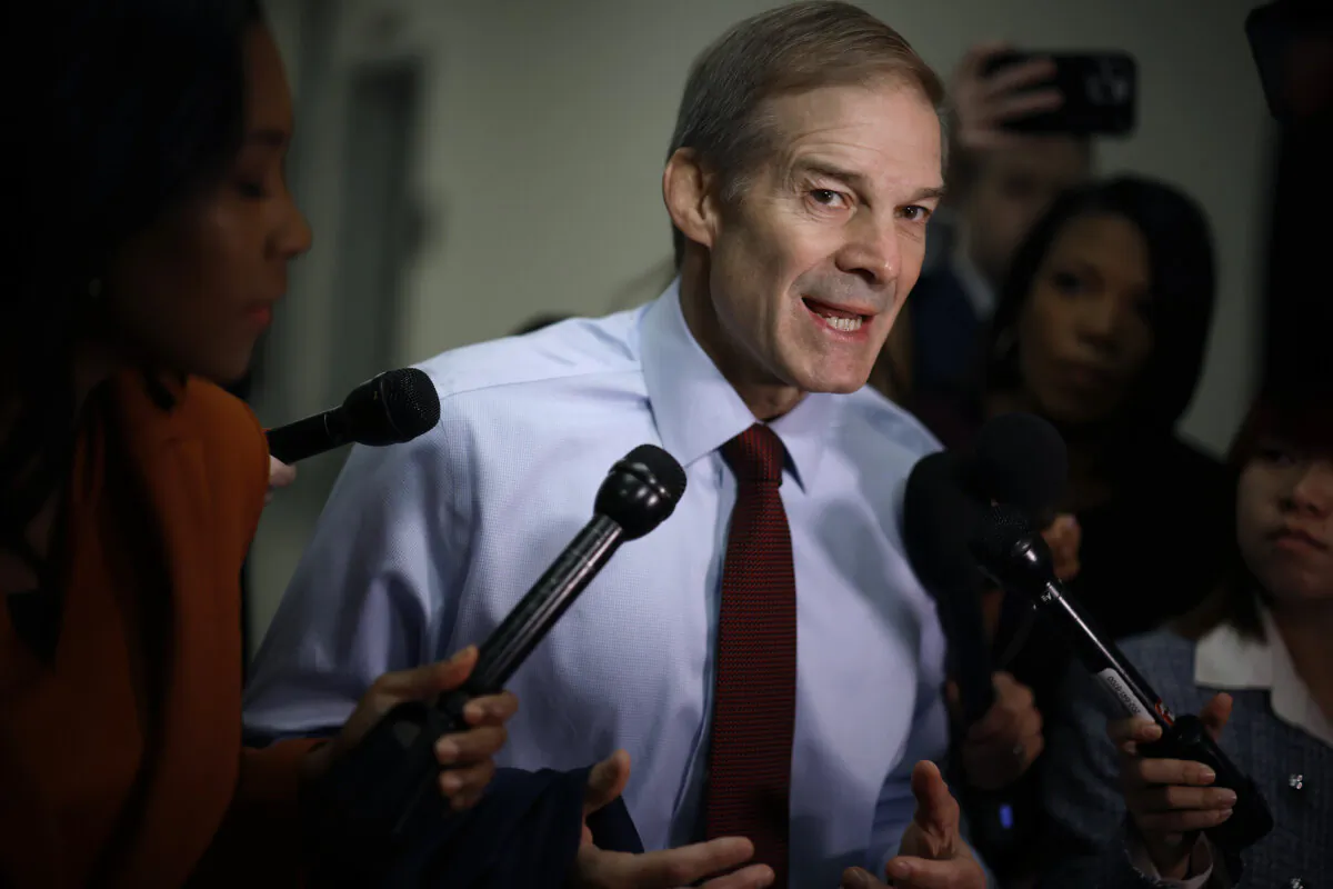 House Judiciary Committee Chairman Jim Jordan (R-Ohio) talks to reporters as he heads from his office in the Rayburn House Office Building to the U.S. Capitol in Washington on Oct. 18, 2023. (Chip Somodevilla/Getty Images)