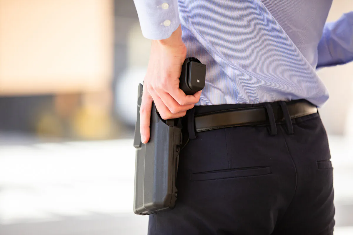 A firearm is holstered at the Orange County Sheriff's Department Law Enforcement Shooting Range in Orange, Calif., on March 30, 2021. (John Fredricks/The Epoch Times)