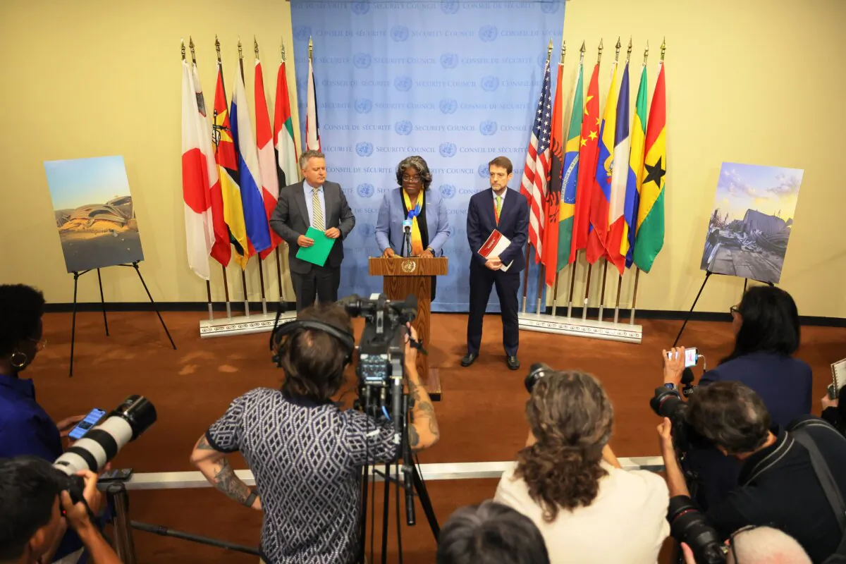 U.S. Representative to the United Nations Ambassador Linda Thomas-Greenfield (center) speaks during a press conference at the United Nations Security headquarters in New York City on Aug. 24, 2023. (Michael M. Santiago/Getty Images)