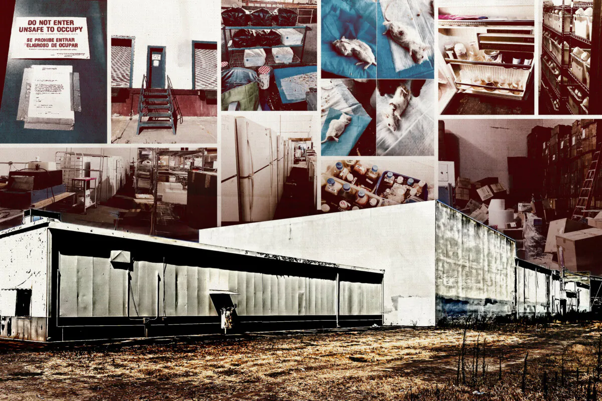 A collage of the biolab in Reedley, Calif., on July 31, 2023. (Fresno County Public Health Department/Judicial Watch, Nathan Su/The Epoch Times, Courtesy of City of Reedley)