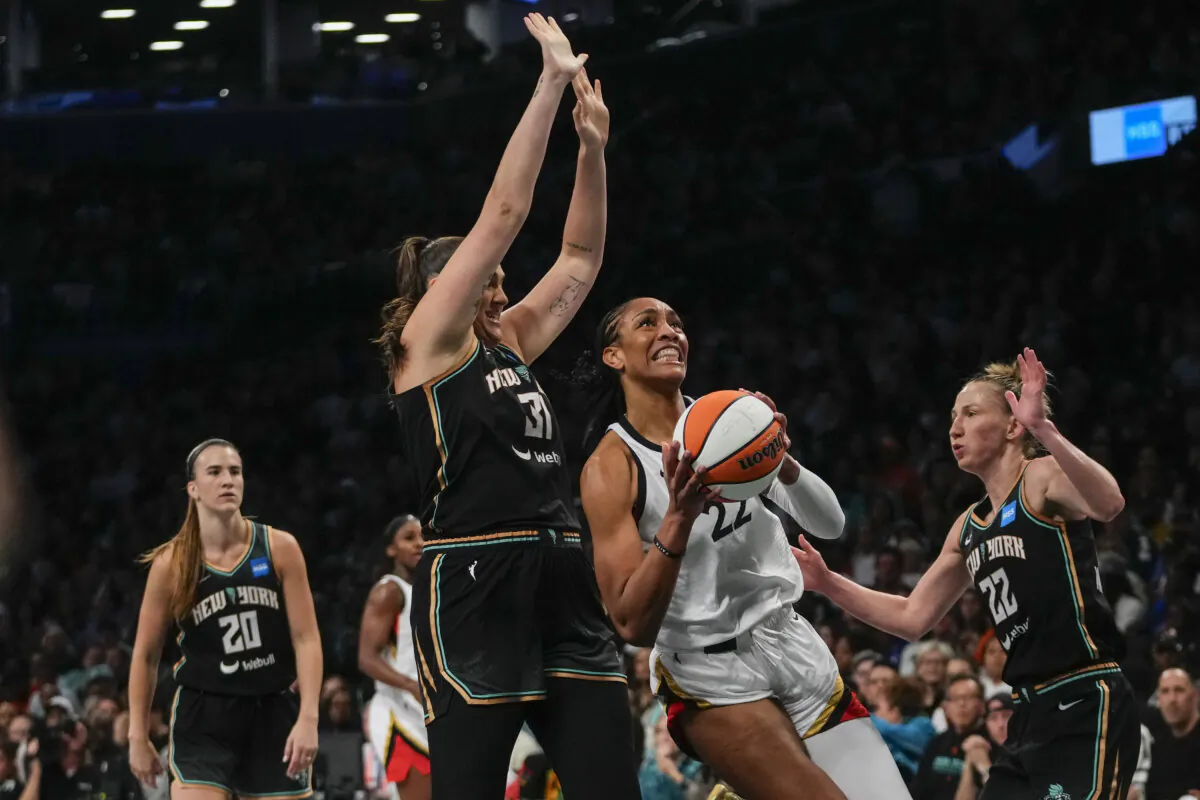 A'ja Wilson of the Las Vegas Aces drives against the New York Liberty during Game 4 of the WNBA finals in New York on Oct. 18, 2023. (Frank Franklin II/AP Photo)