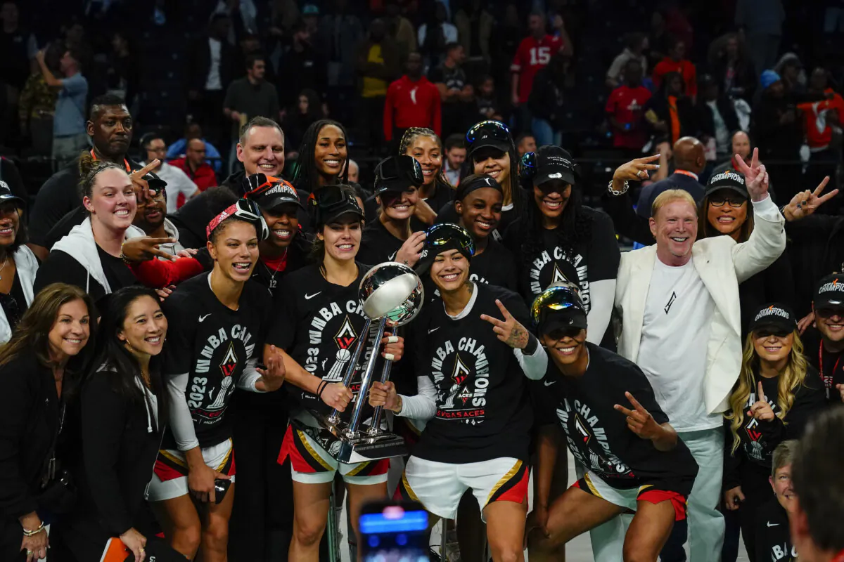 The Las Vegas Aces celebrate with the trophy after Game 4 of a WNBA basketball final playoff series against the New York Liberty in New York on Oct. 18, 2023. (/Frank Franklin II/AP Photo)
