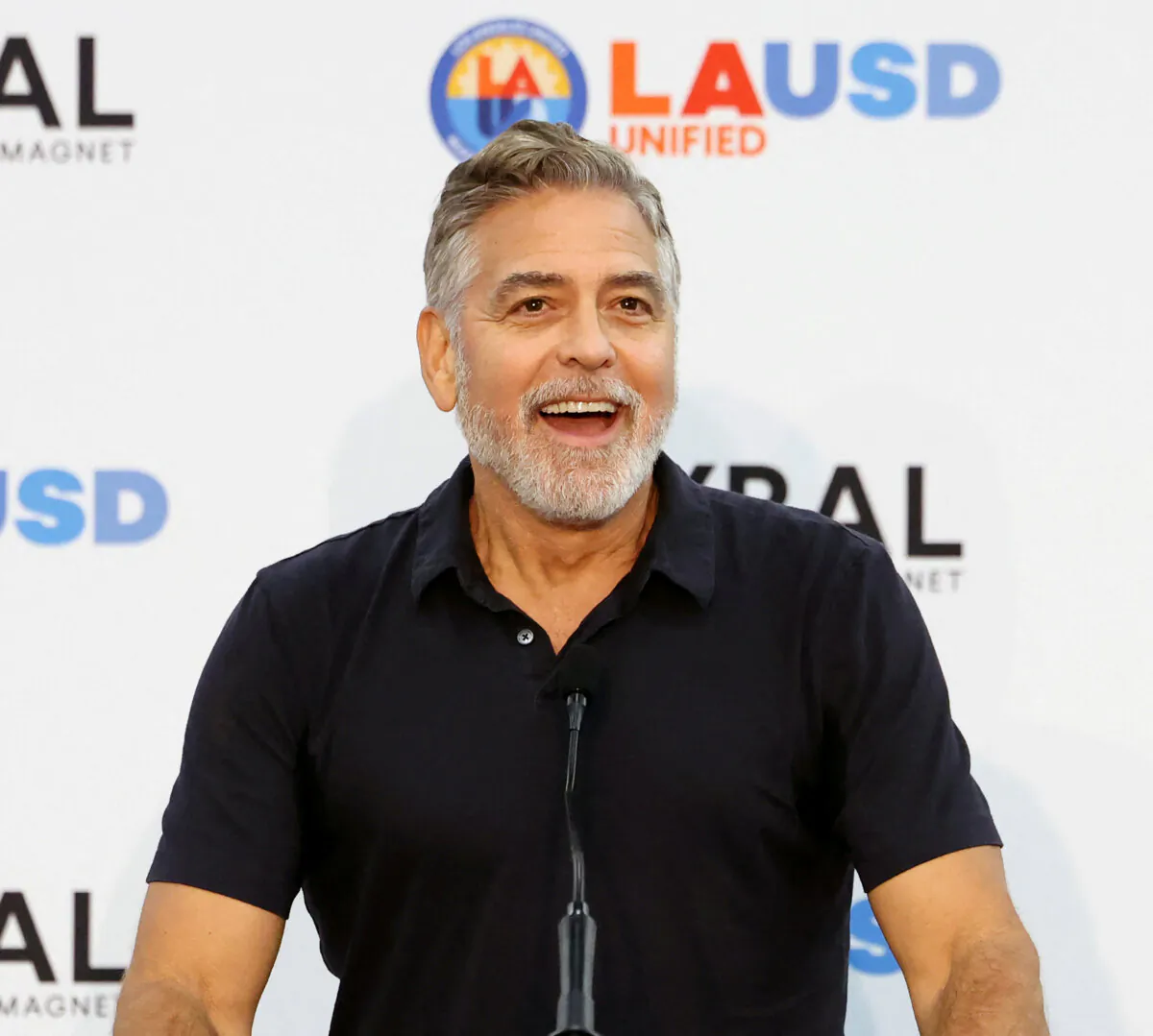 Actor George Clooney speaks at an event for the second year of the Roybal School of Film and Television Production Magnet at the Edward R. Roybal Learning Center in Los Angeles on Oct. 13, 2023. (Mario Anzuoni/Reuters)